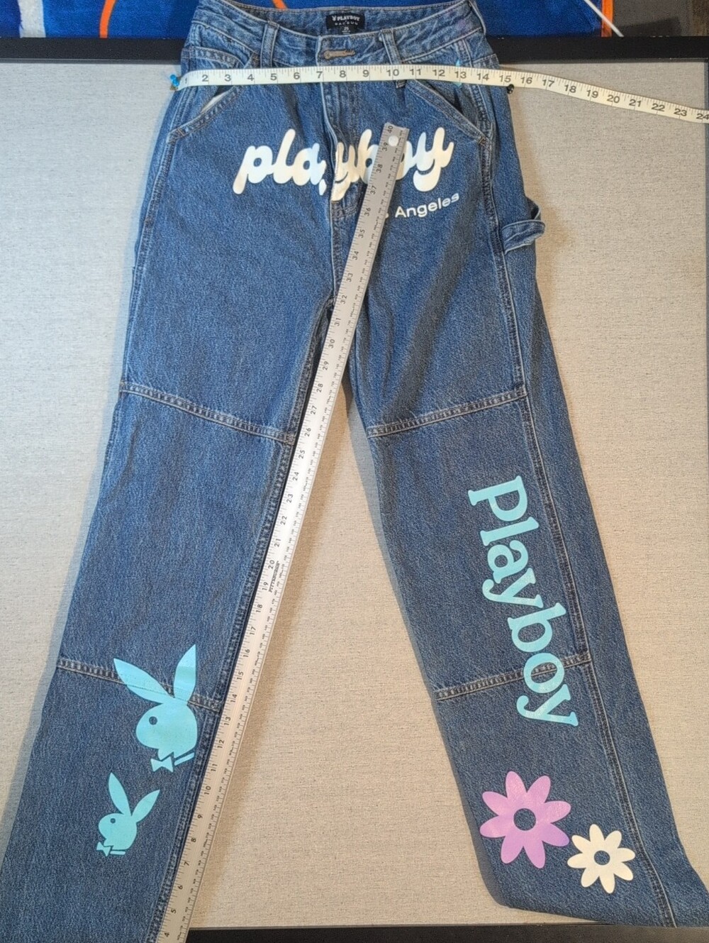 PLAYBOY Denim Jeans with Teal Bunny Prints & Pink Flower Accents By PacSun Sz 25